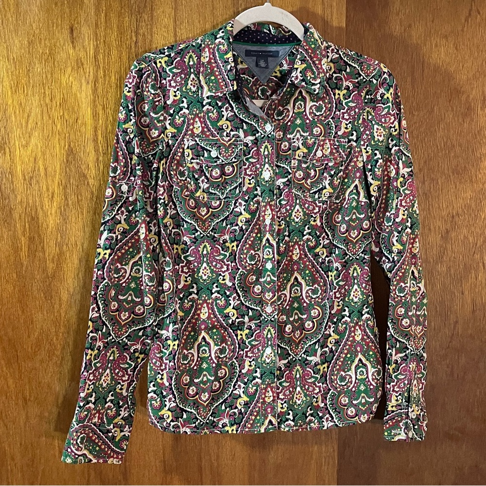 TOMMY HILFIGER Button-Up Green & Pink Patterned Shirt Sz S